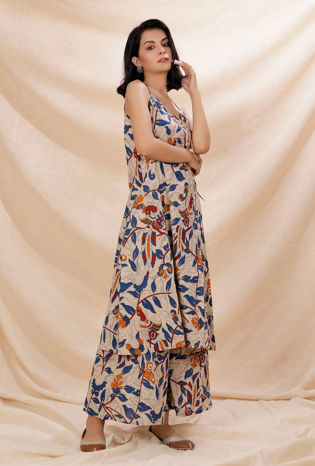 Beige Kalamkari Cotton Angrakha Kurta サイズ L