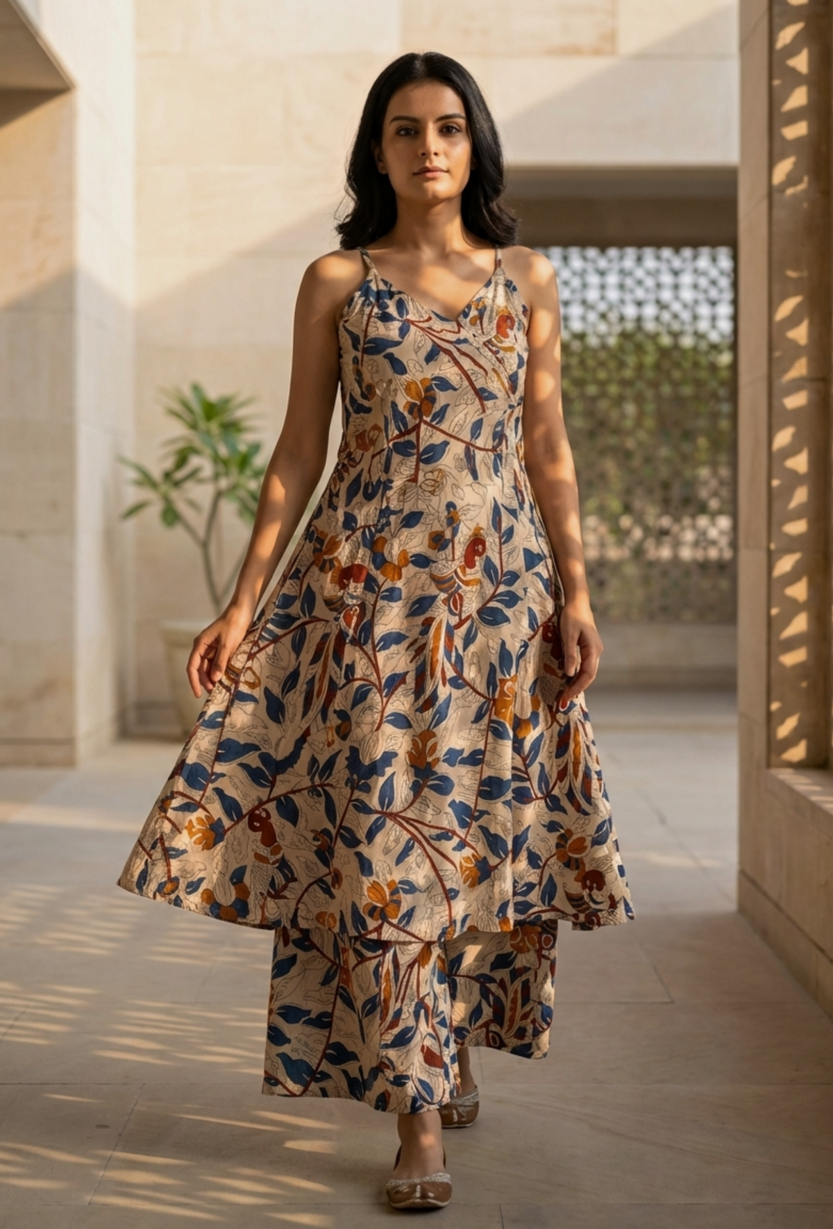 Beige Kalamkari Cotton Angrakha Kurta サイズ L