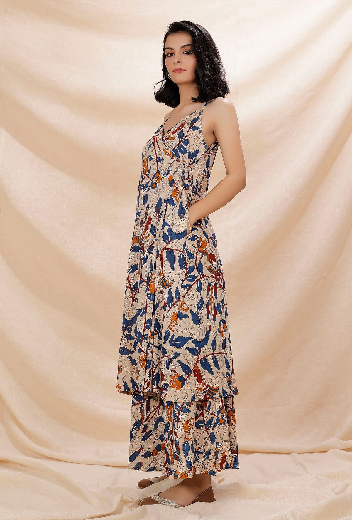 Beige Kalamkari Cotton Angrakha Kurta サイズ L
