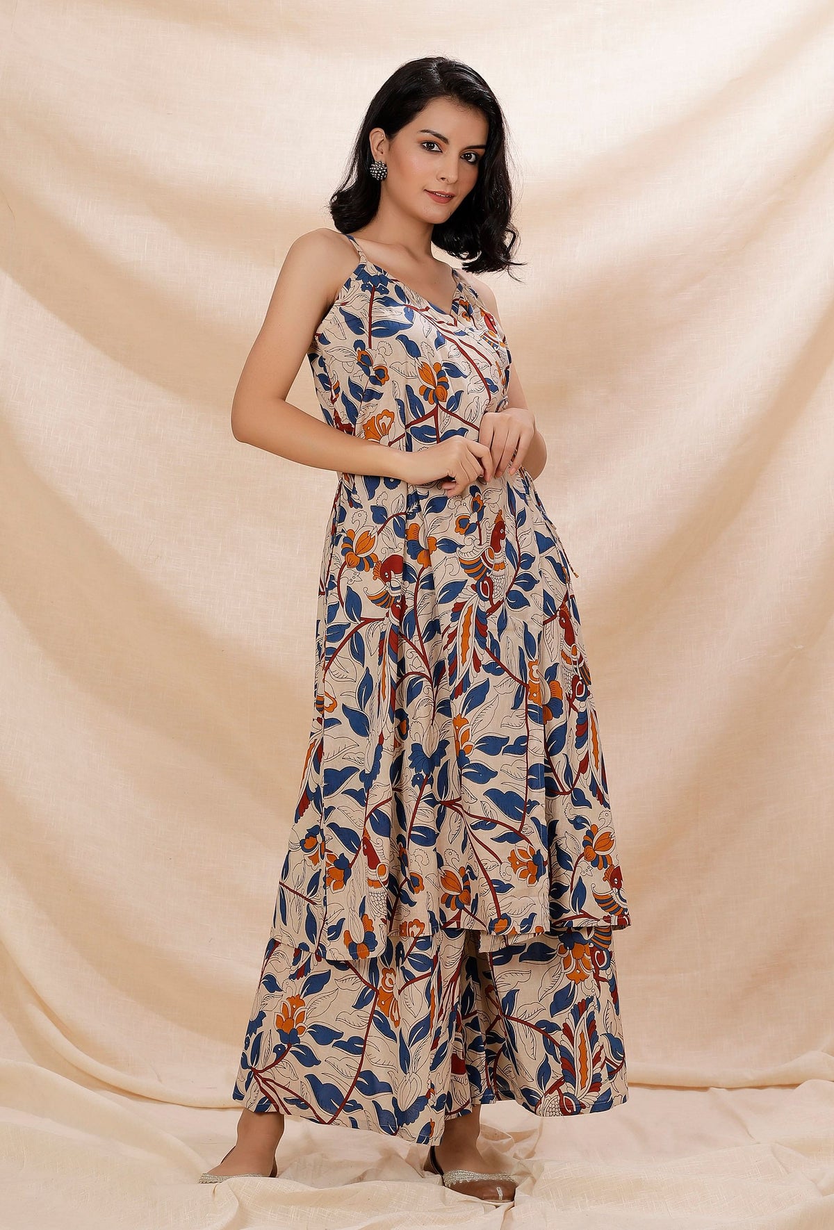 Beige Kalamkari Cotton Angrakha Kurta サイズ XXL