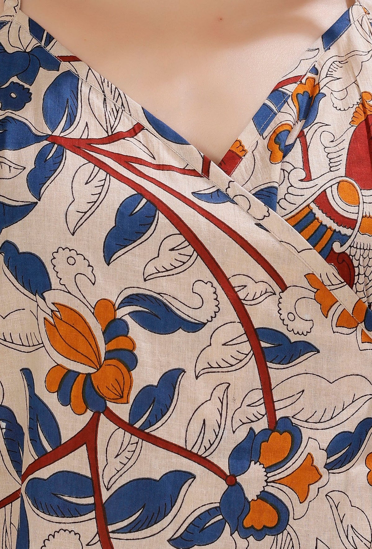 Beige Kalamkari Cotton Angrakha Kurta サイズ XXL