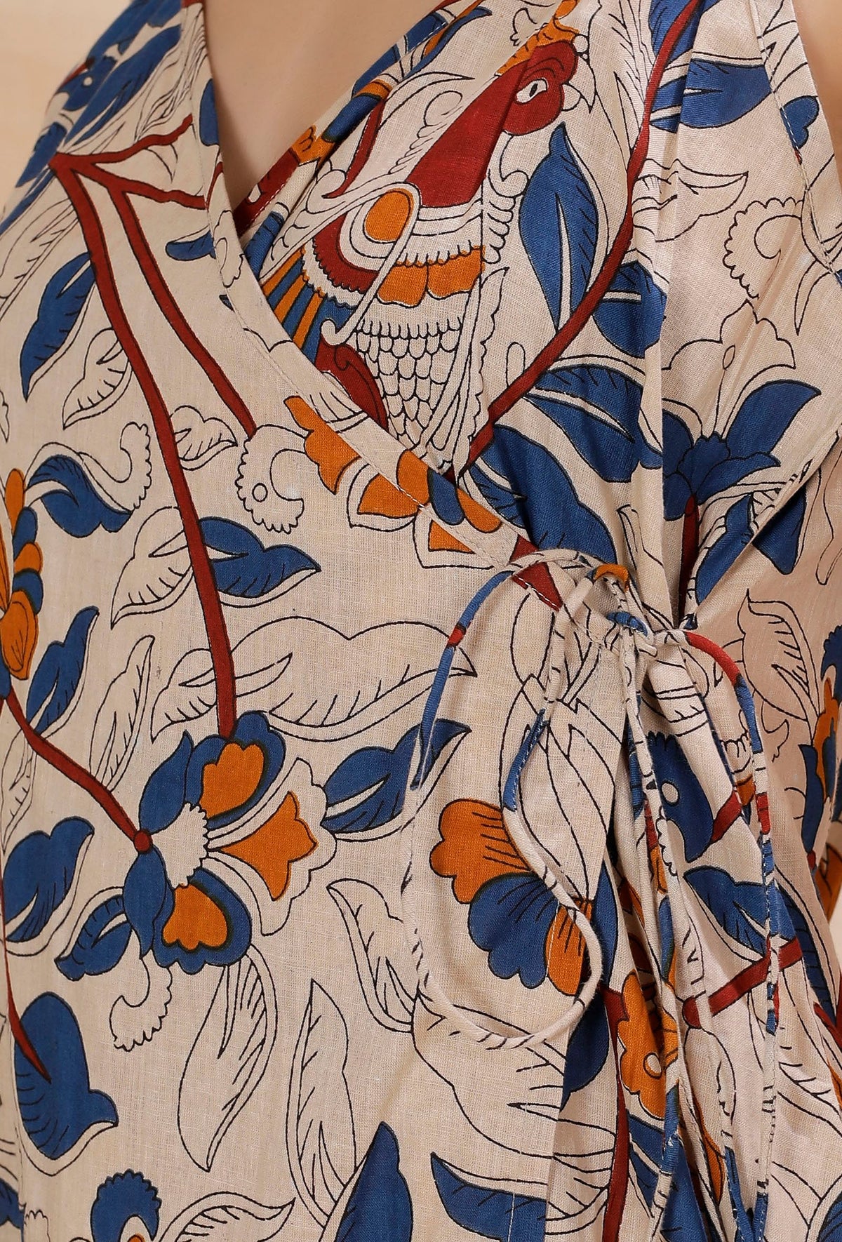 Beige Kalamkari Cotton Angrakha Kurta サイズ L