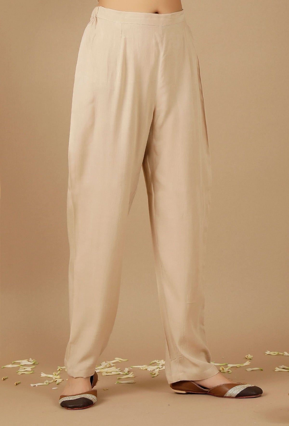 Beige Plain Rayon Straight Pants サイズ S