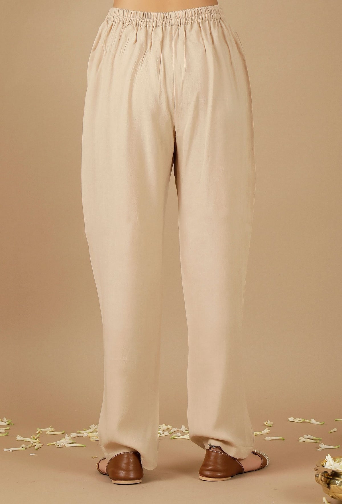 Beige Plain Rayon Straight Pants サイズ S