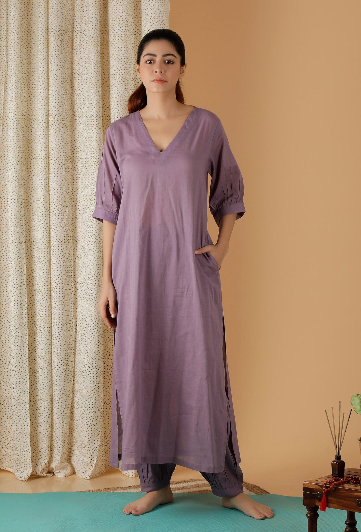 Mulmul Cotton Lilac V Neck Kurta サイズ XL