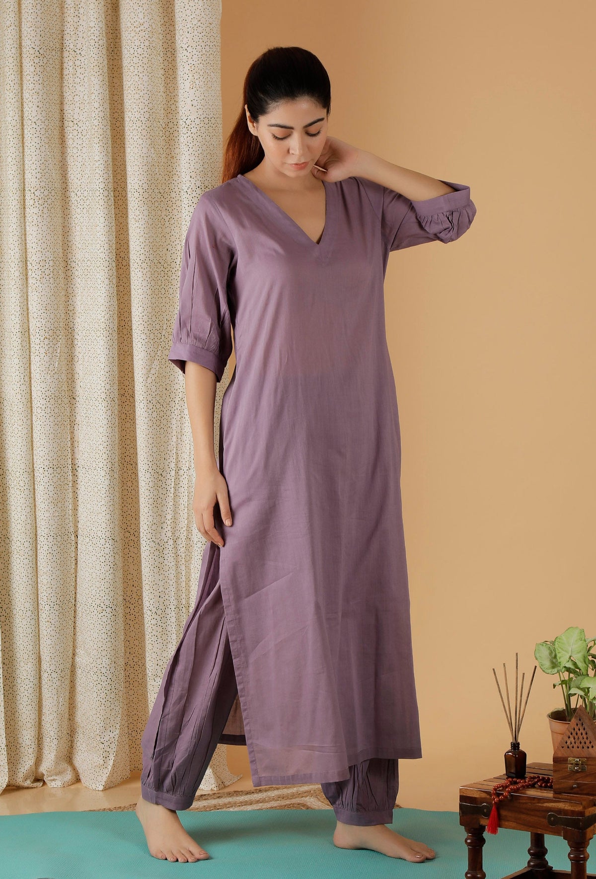 Mulmul Cotton Lilac V Neck Kurta サイズ XXXL