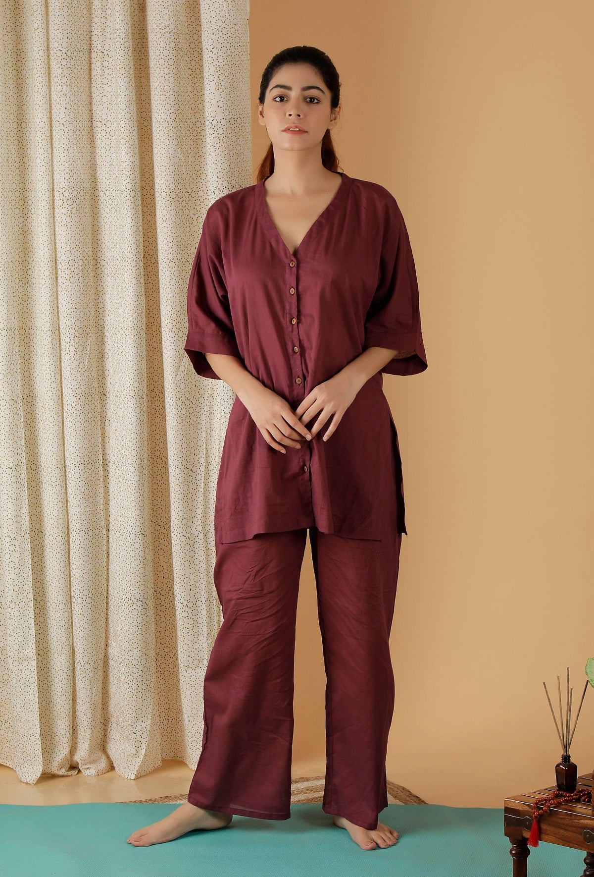 Set of 2: Mulmul Cotton Plum Button Down Shirt and Ruched Pants サイズ L
