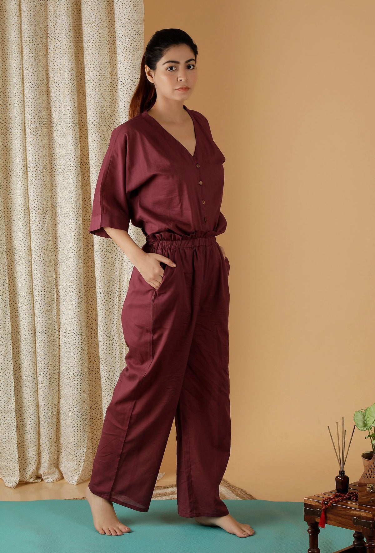 Set of 2: Mulmul Cotton Plum Button Down Shirt and Ruched Pants サイズ L