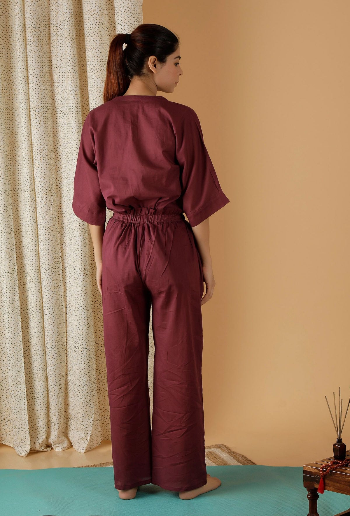 Set of 2: Mulmul Cotton Plum Button Down Shirt and Ruched Pants サイズ L