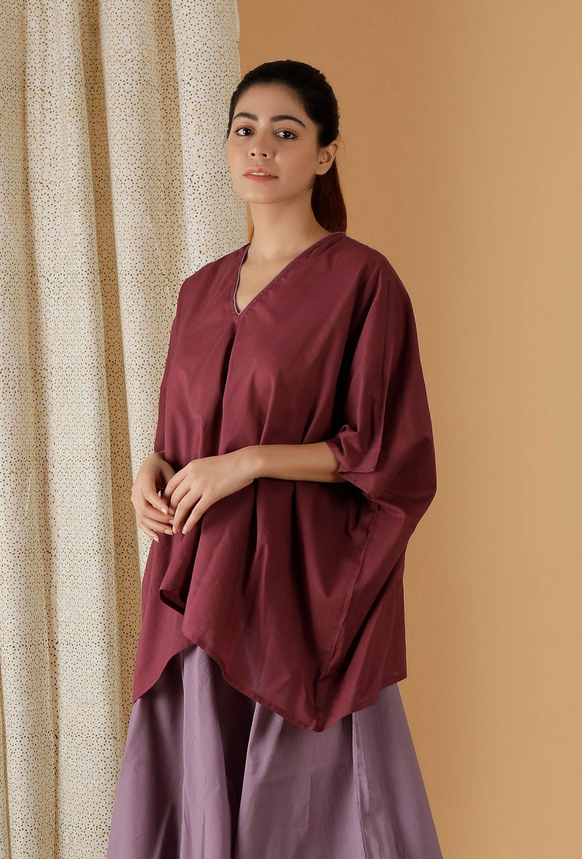 Mulmul Cotton Solid Plum Kaftan Top サイズ XS