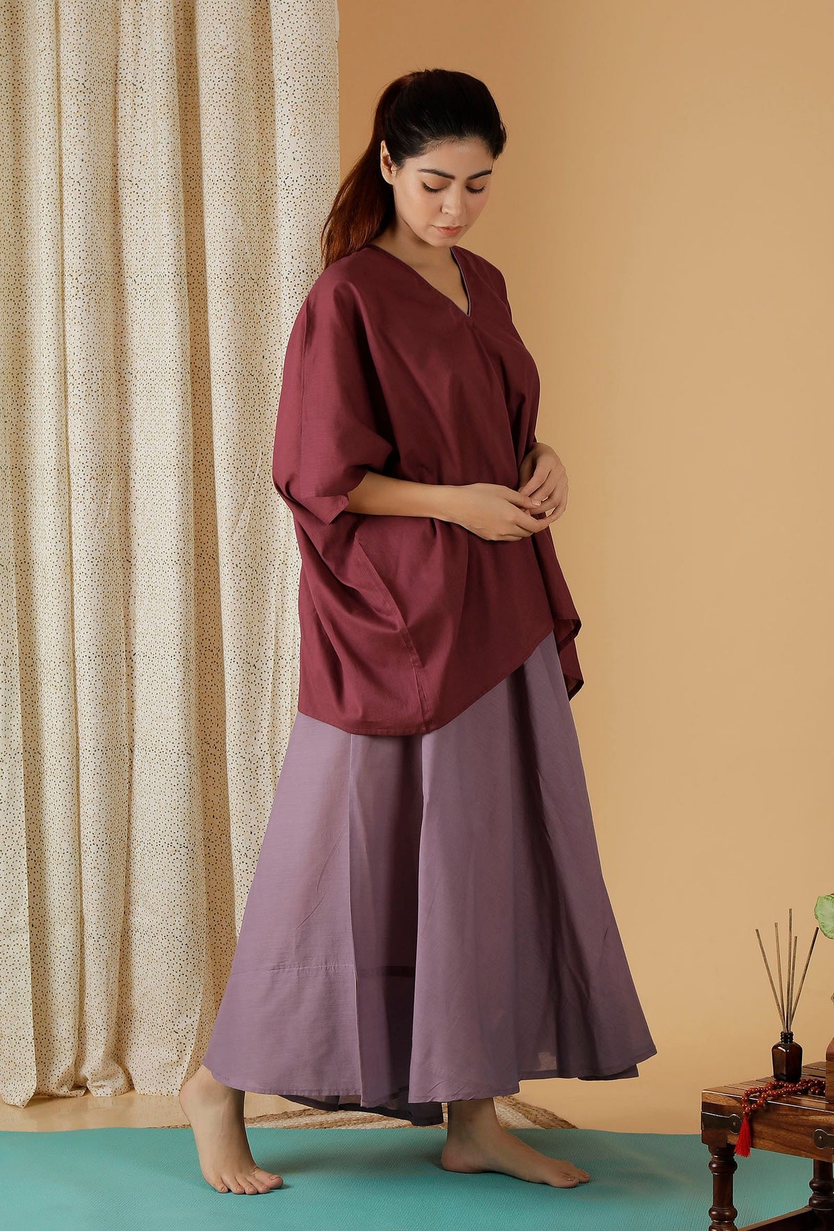 Mulmul Cotton Solid Plum Kaftan Top サイズ XS