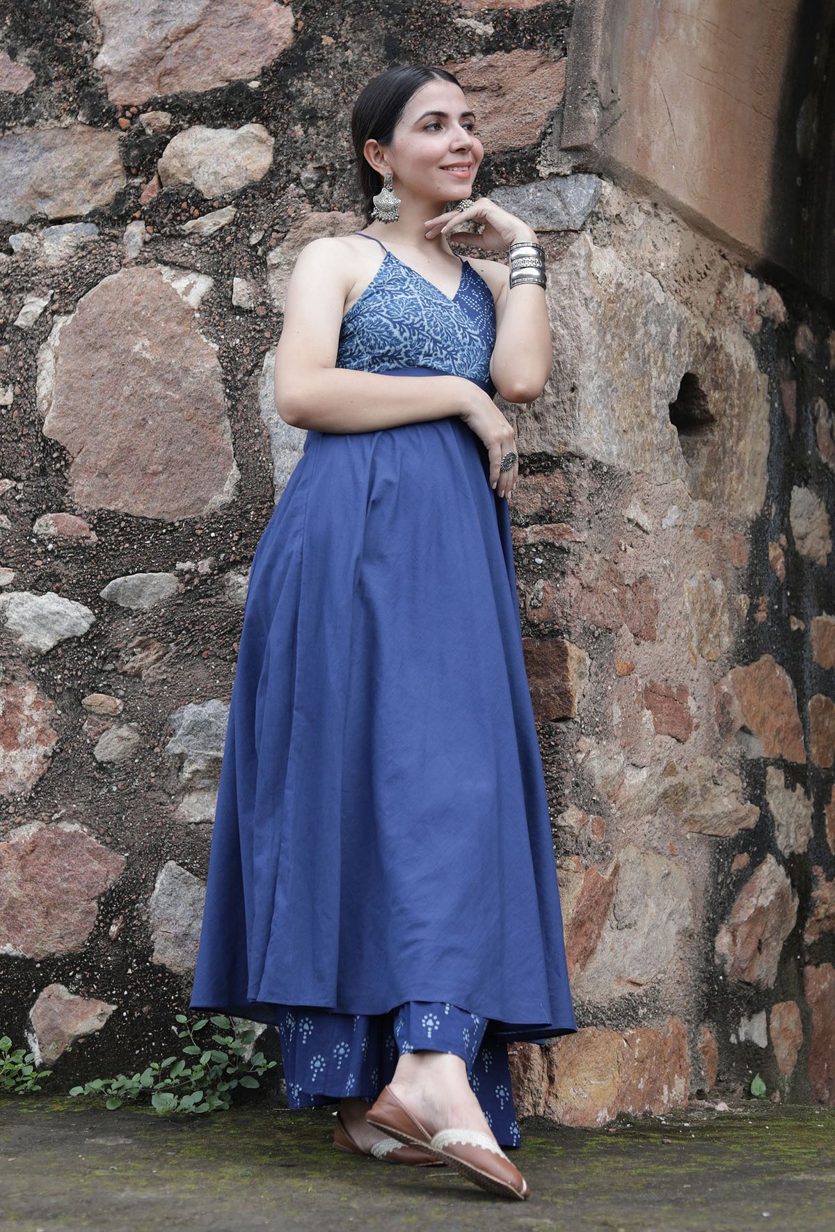 Indigo Printed Angrakha Style Flared Kurta サイズ XXXL
