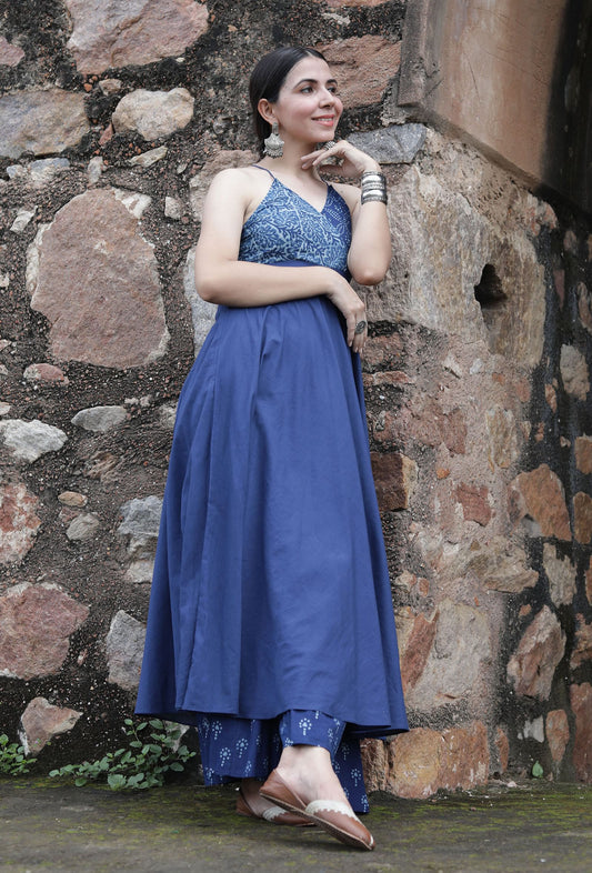Indigo Printed Angrakha Style Flared Kurta サイズ XXXL