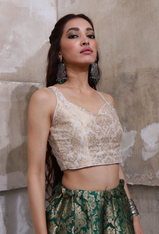 Ivory Banarasi Jacquard Crop Top With Tassels サイズ XS
