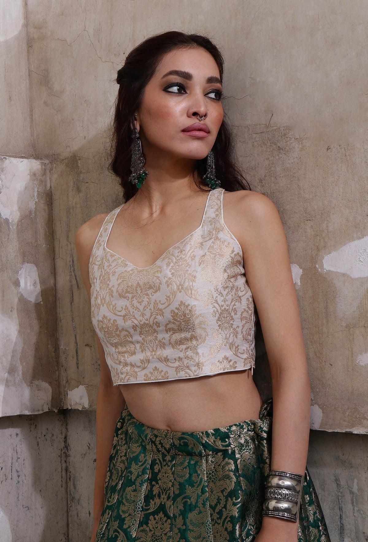 Ivory Banarasi Jacquard Crop Top With Tassels サイズ XS