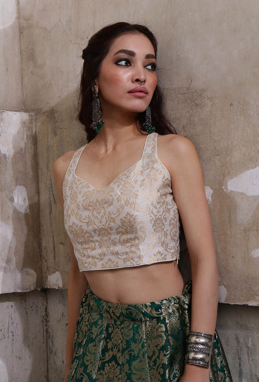 Ivory Banarasi Jacquard Crop Top With Tassels サイズ XS