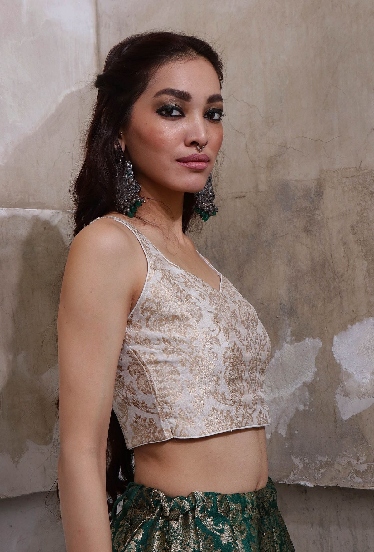 Ivory Banarasi Jacquard Crop Top With Tassels サイズ XS