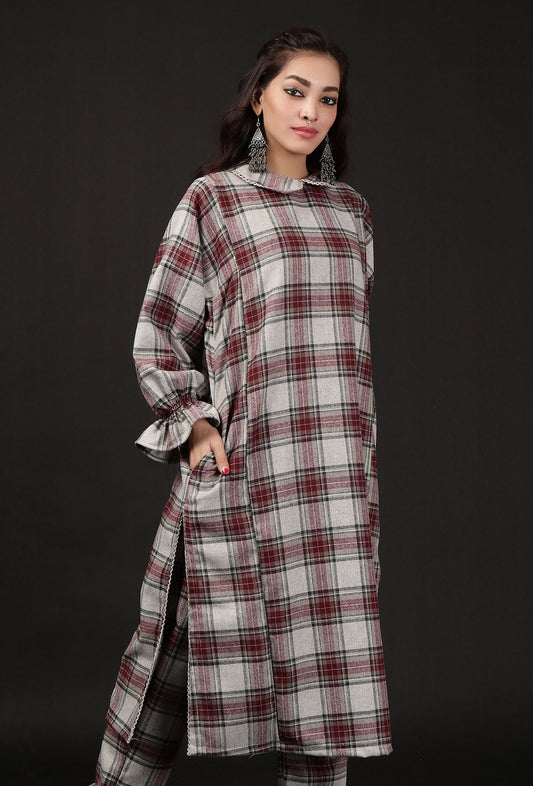 Smoke Grey Woven Tartan Checks Phiran Kurta With Pockets サイズ XS