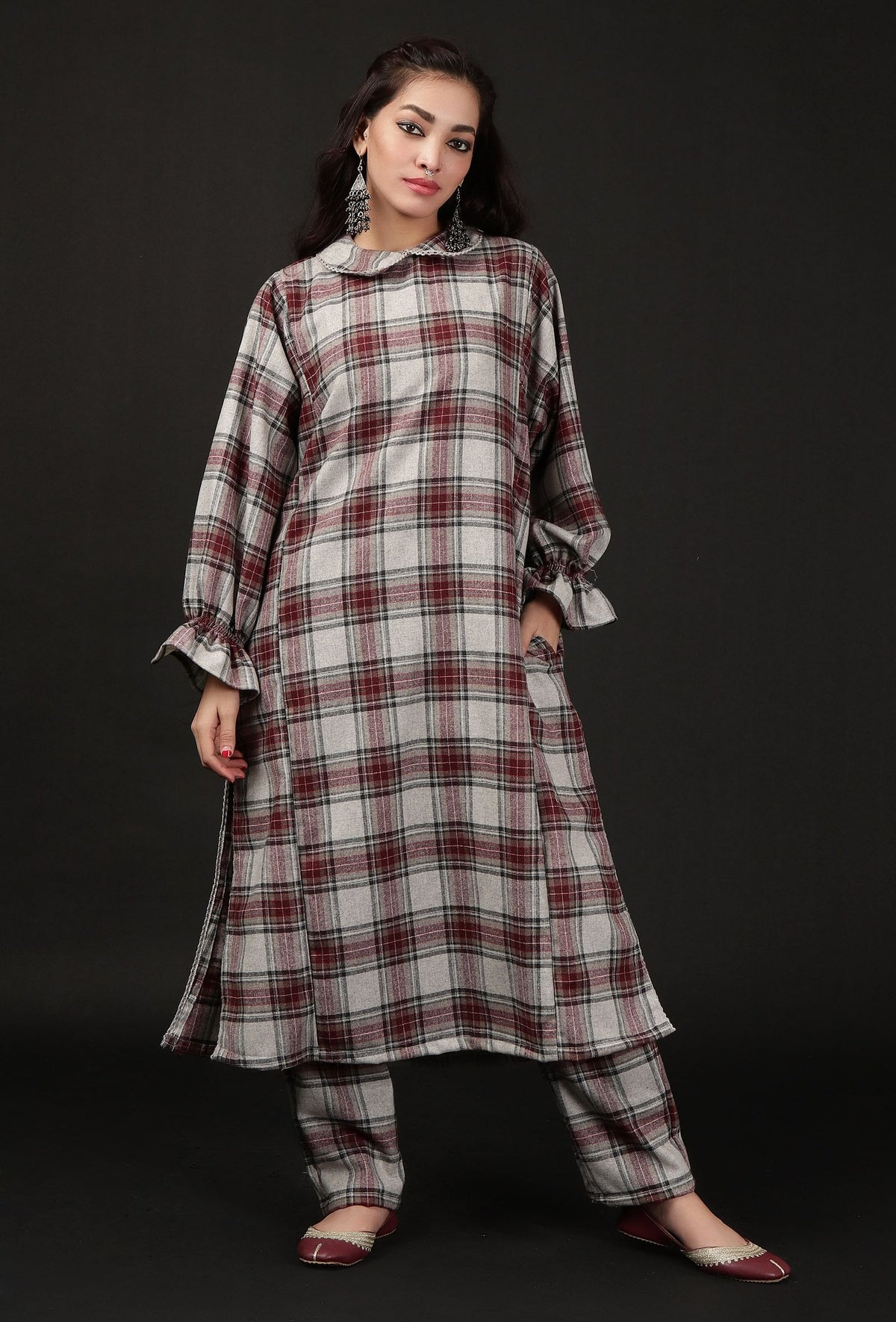 Smoke Grey Woven Tartan Checks Phiran Kurta With Pockets サイズ XS