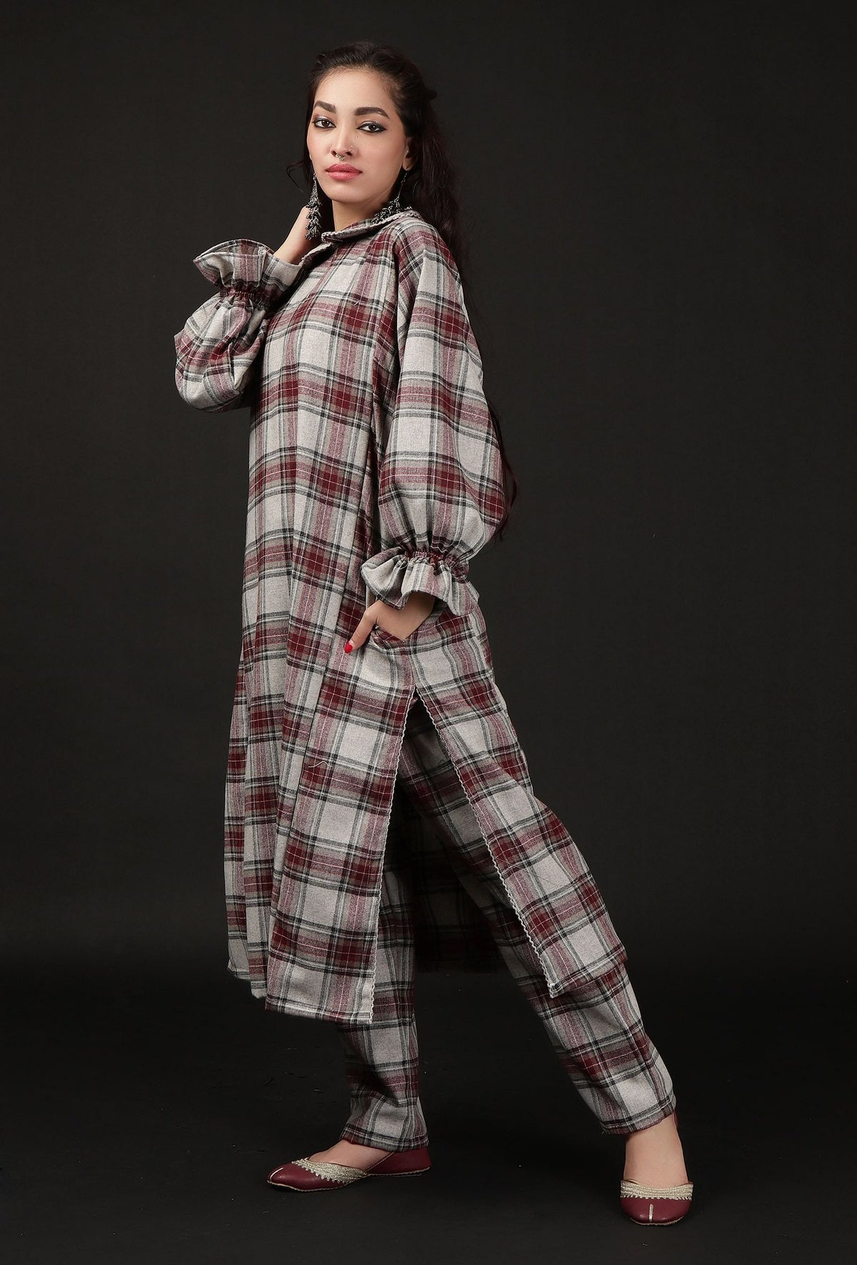 Smoke Grey Woven Tartan Checks Phiran Kurta With Pockets サイズ XS