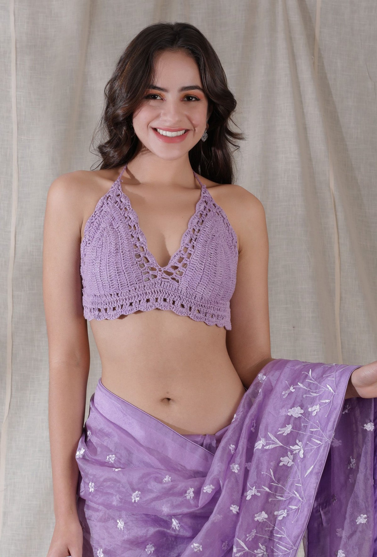 Lilac Purple Color Handmade Crochet Backless Bralette Crop Top Blouse サイズ S