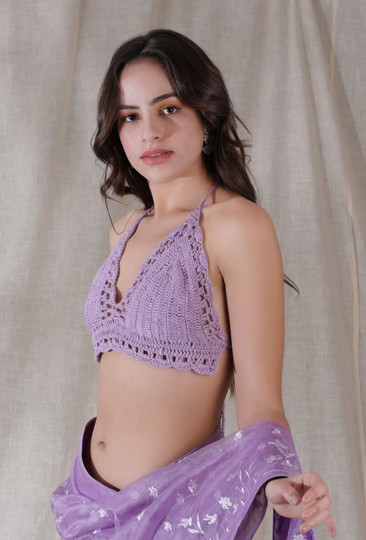 Lilac Purple Color Handmade Crochet Backless Bralette Crop Top Blouse サイズ S