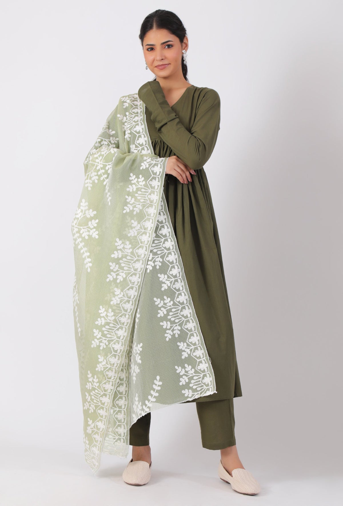 Tea Green Chickoo Net Dupatta