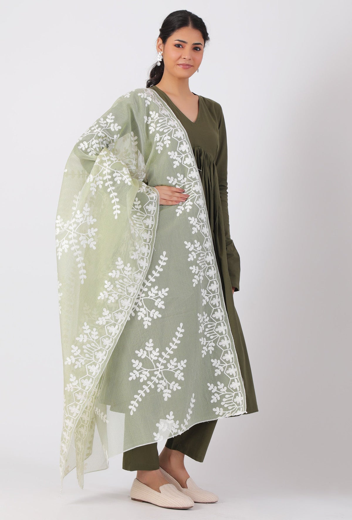 Tea Green Chickoo Net Dupatta