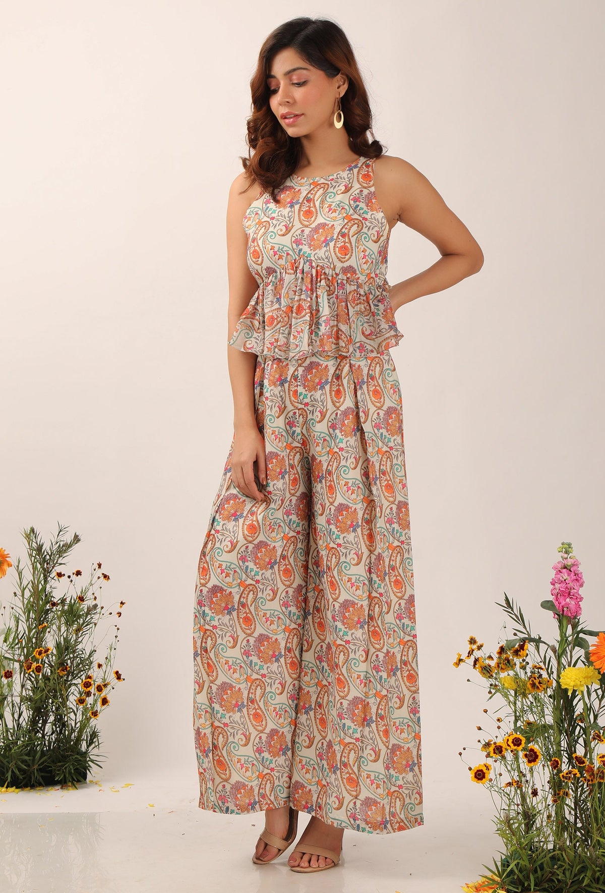 Amala Floral Chintz Peplum Jumpsuit With Back Tie-Up Details サイズ M