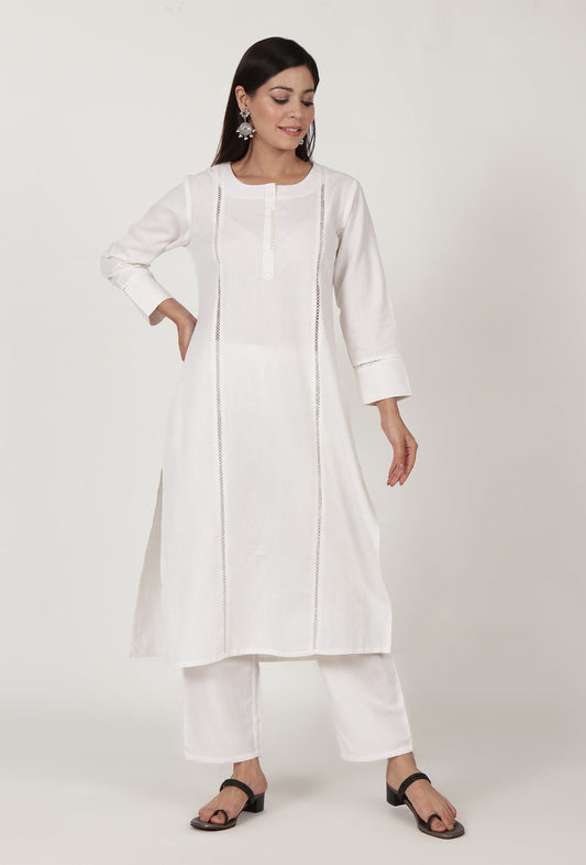 White Moti Handwork Cotton Kurta サイズ S