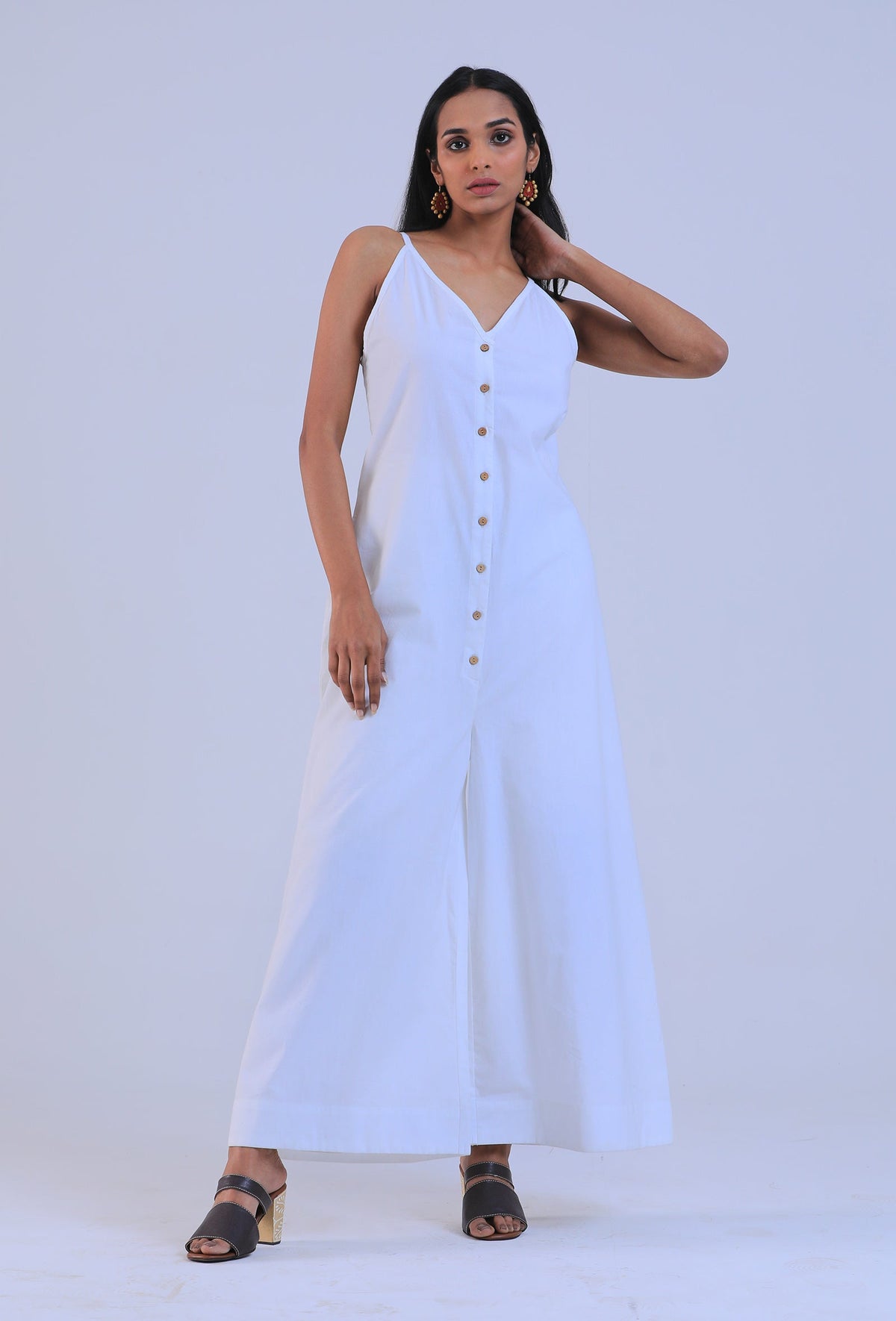 Women White Cotton V-Neck Regular Fit Dress サイズ M