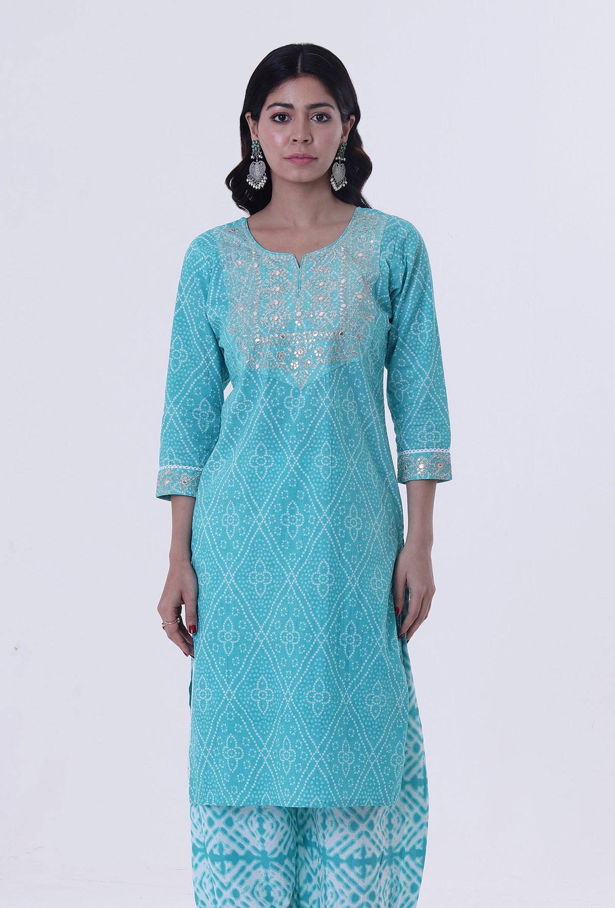 Turquoise & White Cotton Block Printed Kurta サイズ XS
