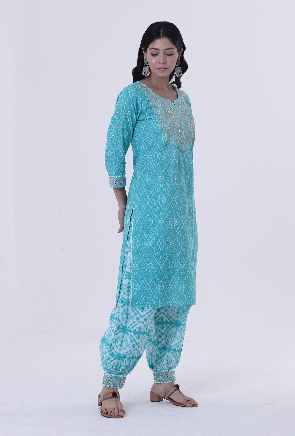 Turquoise & White Cotton Block Printed Kurta サイズ XS