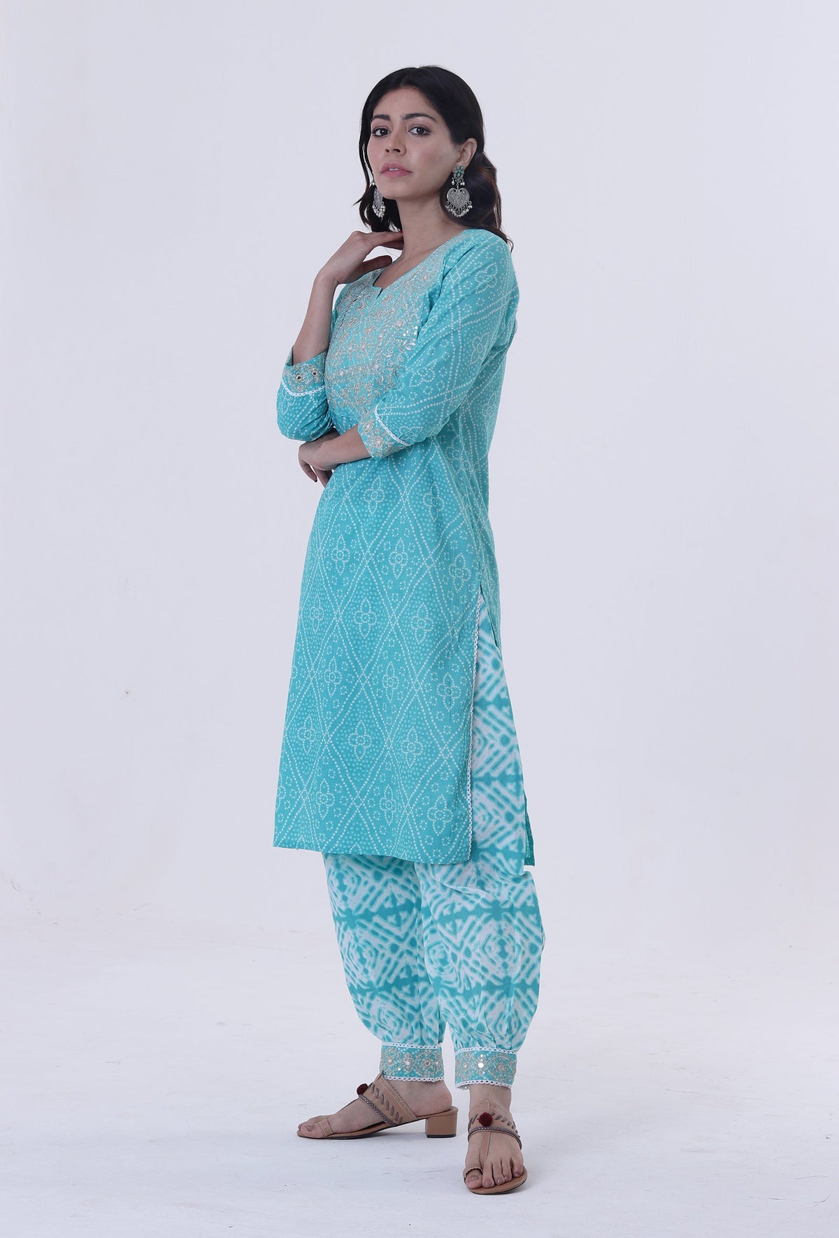 Turquoise & White Cotton Block Printed Kurta サイズ XS