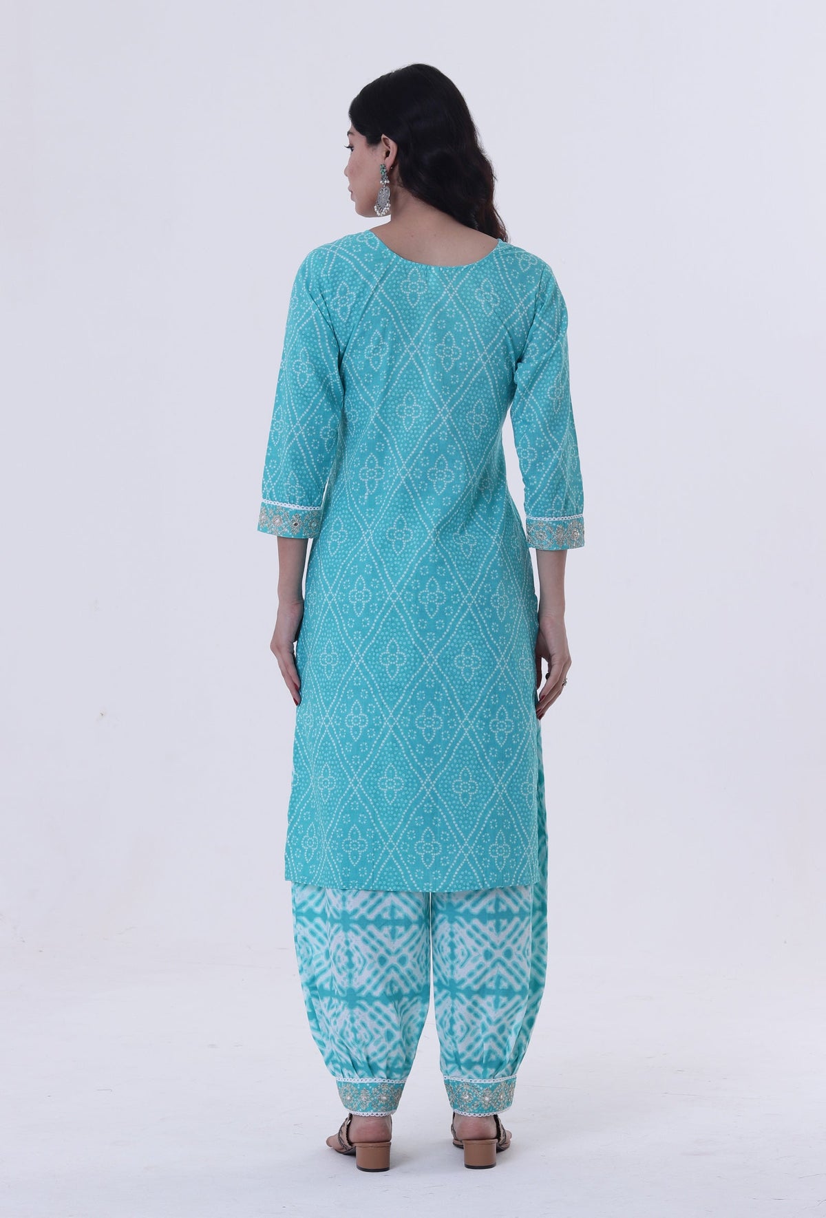 Turquoise & White Cotton Block Printed Kurta サイズ XS