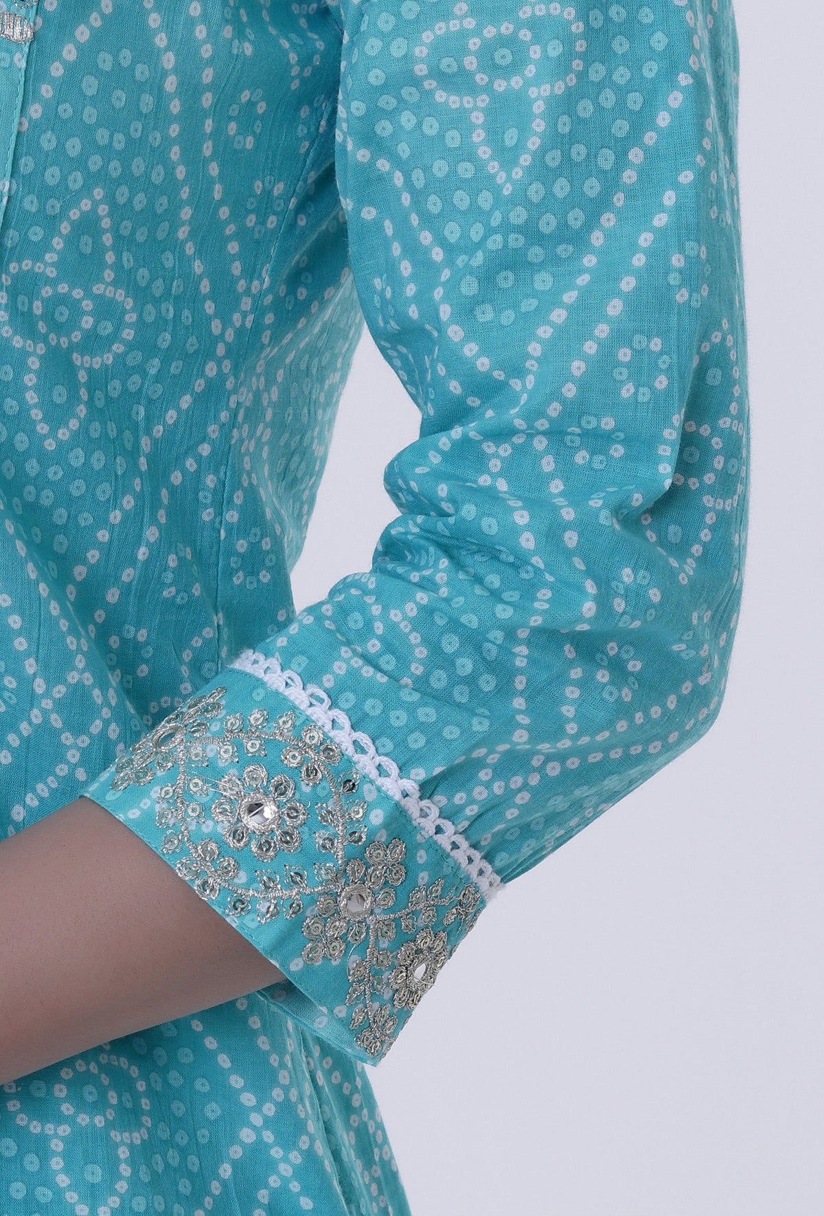 Turquoise & White Cotton Block Printed Kurta サイズ XS