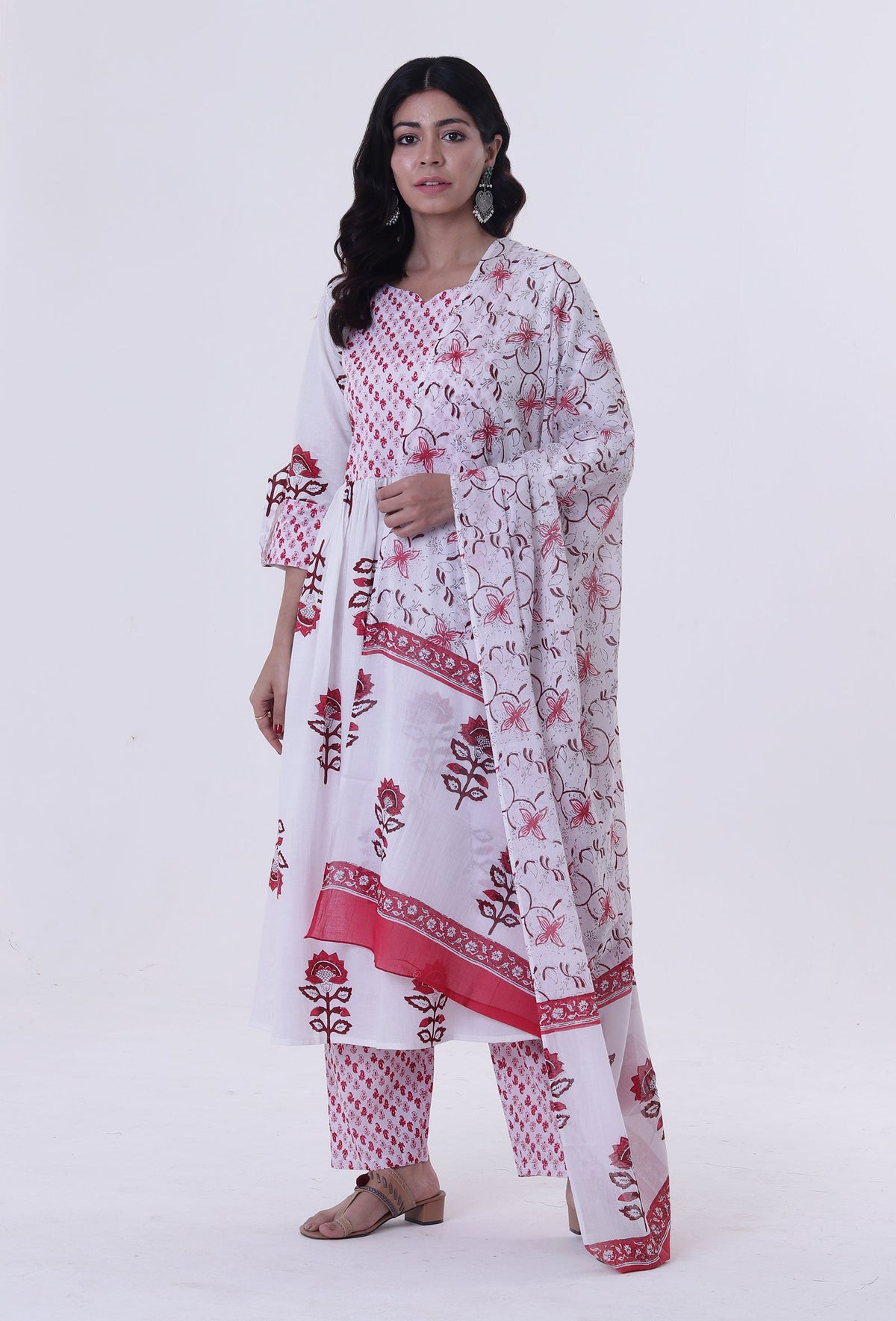 White Cotton Block Printed With Red Motif Dupatta