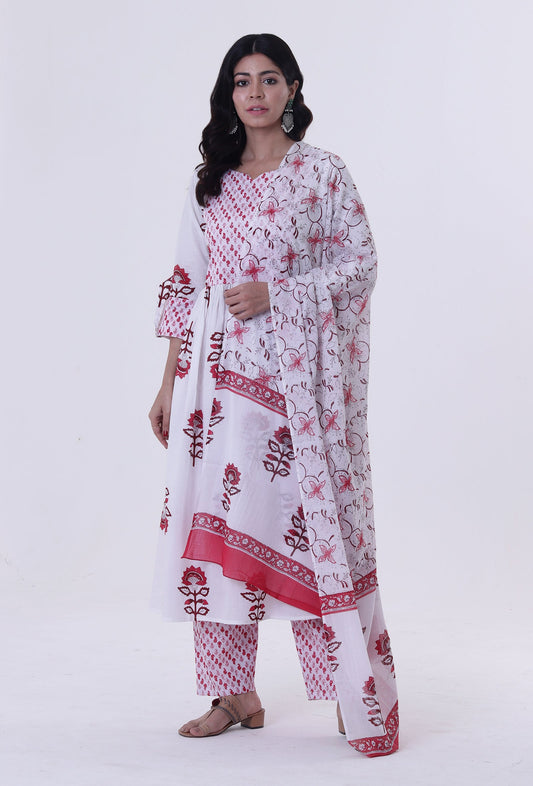 White Cotton Block Printed With Red Motif Dupatta