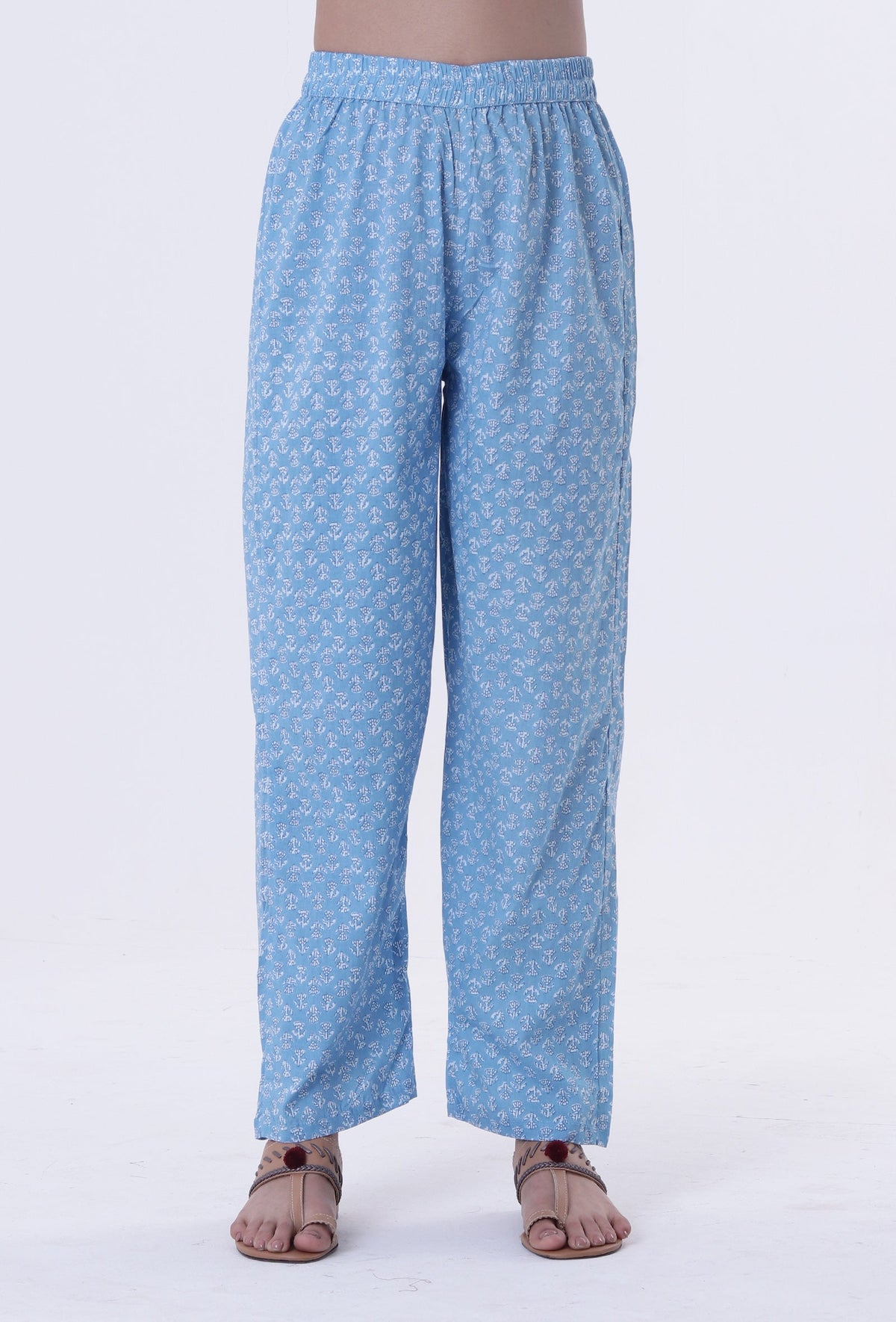 Blue & White Cotton Block Printed Pant サイズ XXL