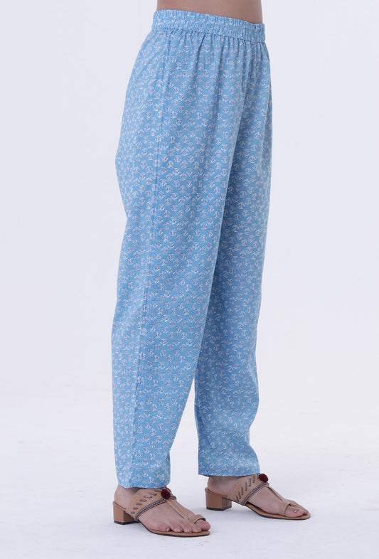 Blue & White Cotton Block Printed Pant サイズ XXL