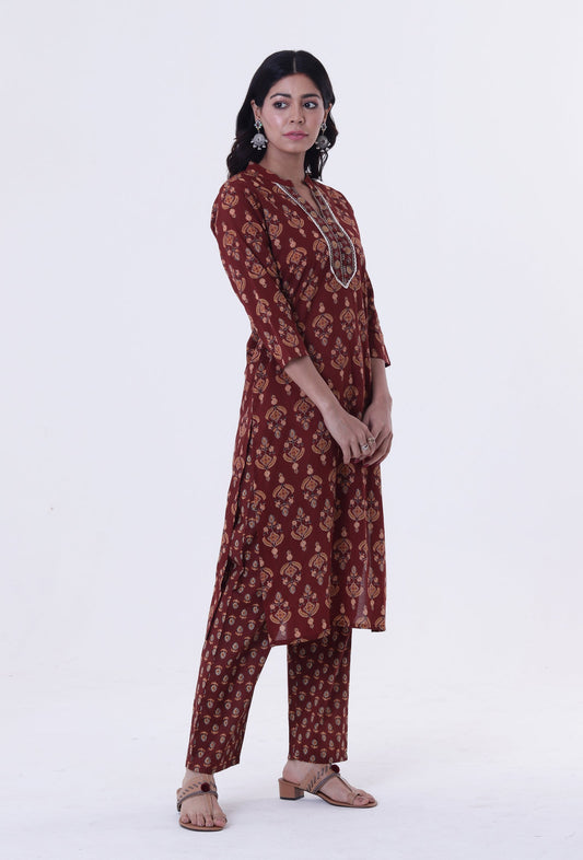 Set of 2: Red & Multicolor Cotton Block Printed Kurta & Pant クルタ S・パンツ XS