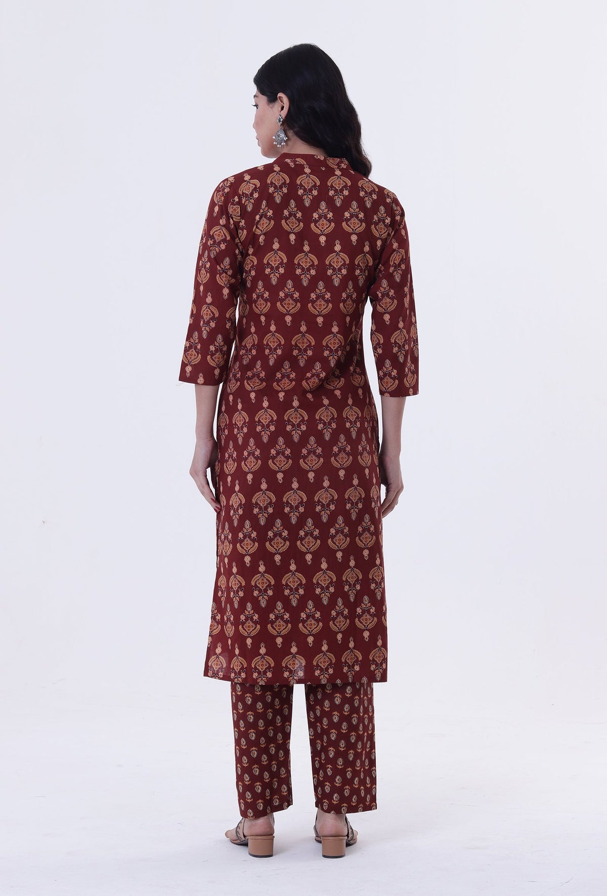 Set of 2: Red & Multicolor Cotton Block Printed Kurta & Pant クルタ S・パンツ XS
