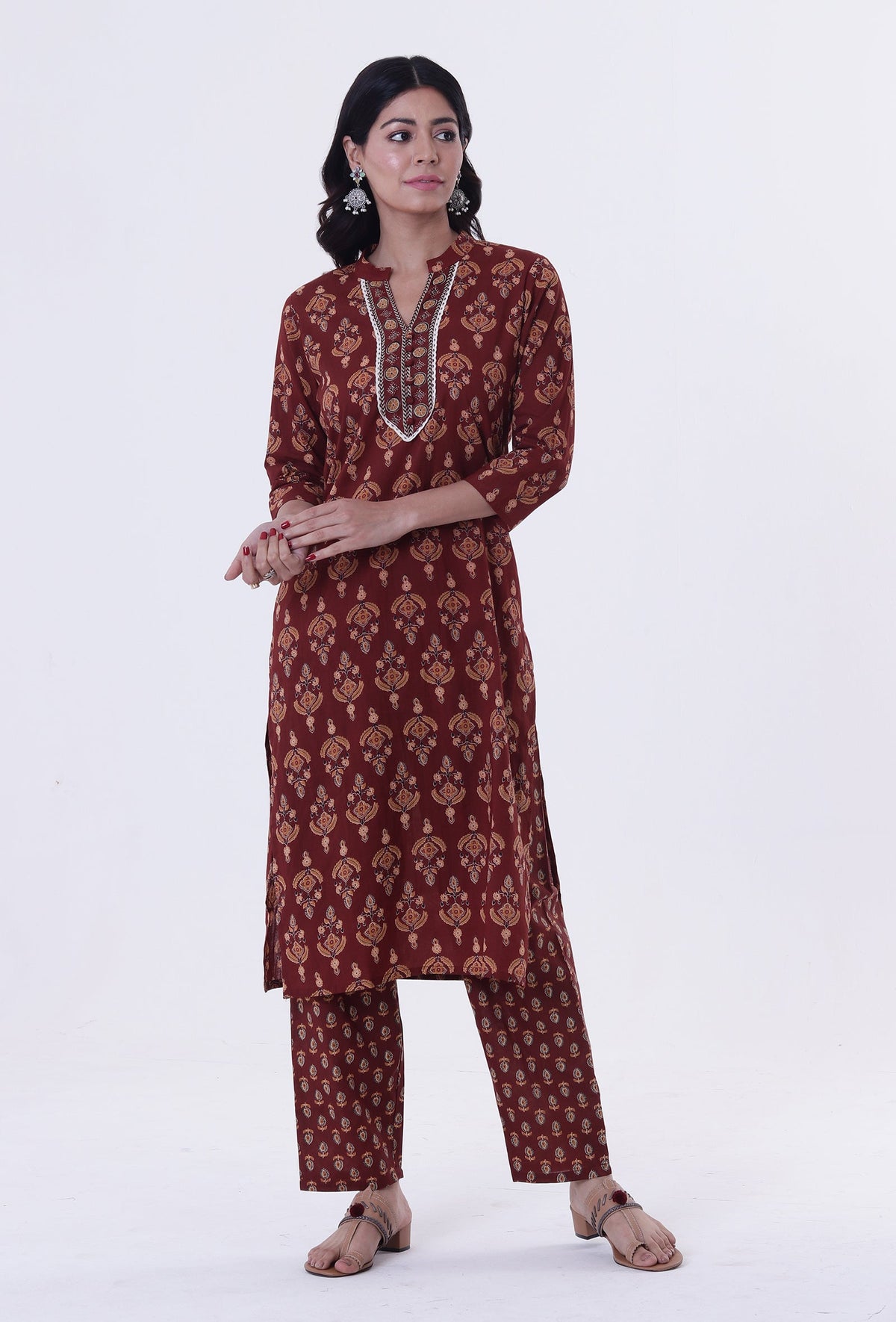 Red & Multicolor Cotton Block Printed Kurta サイズ S