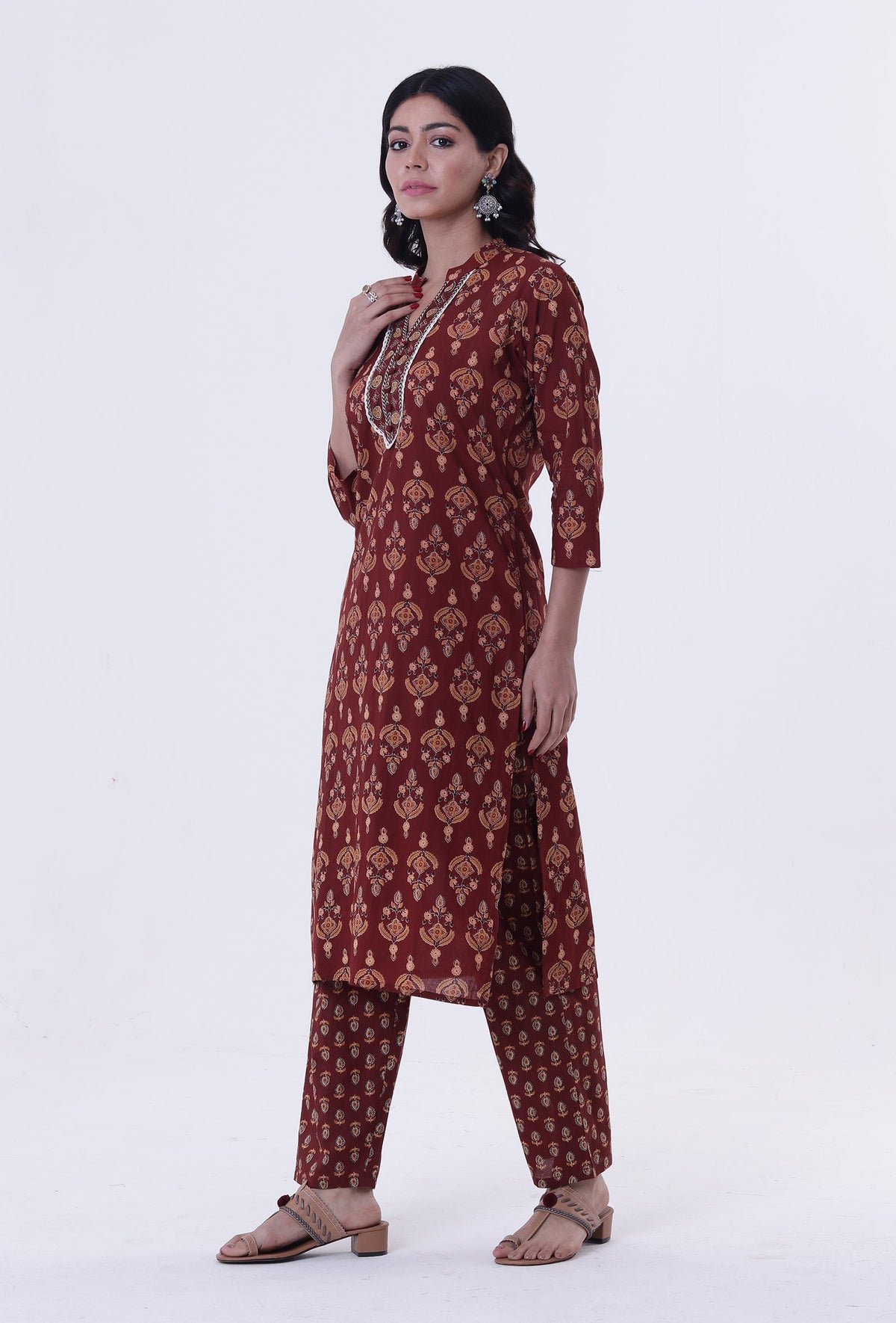 Red & Multicolor Cotton Block Printed Kurta サイズ S