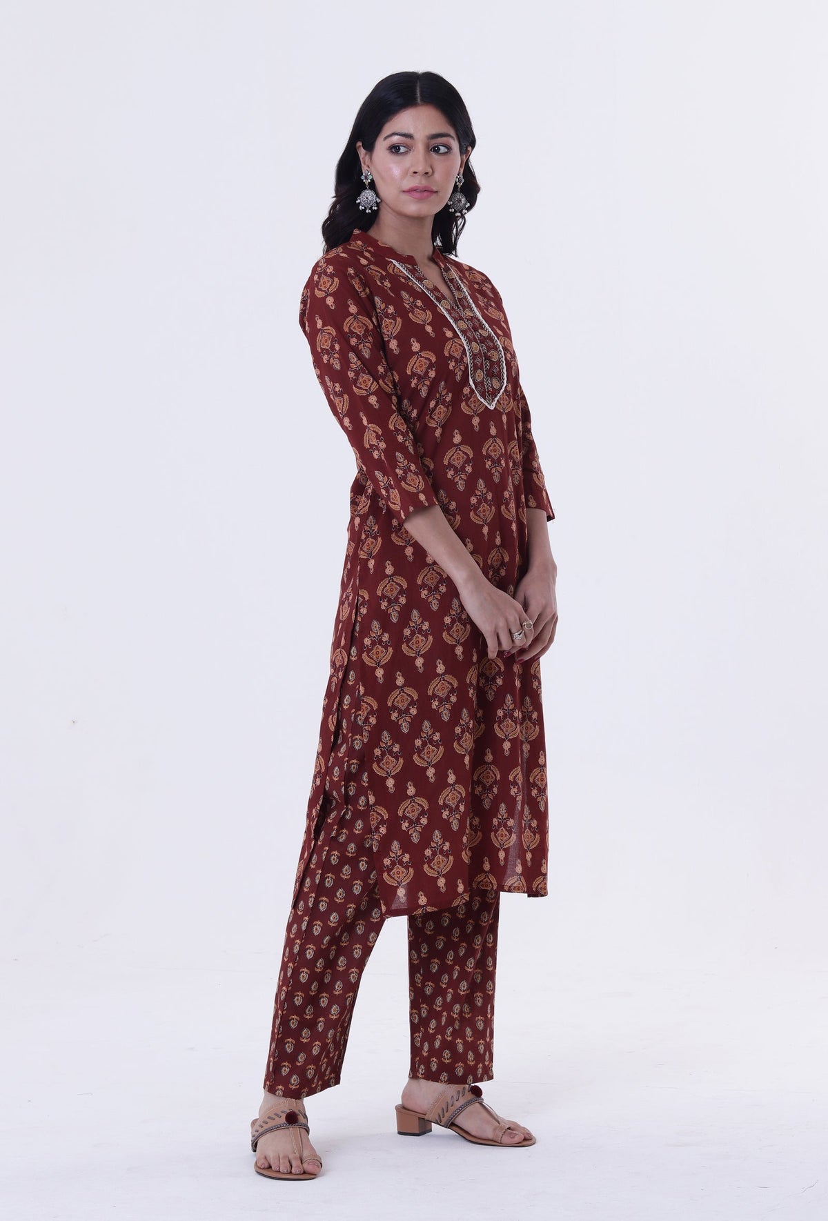 Red & Multicolor Cotton Block Printed Kurta サイズ S