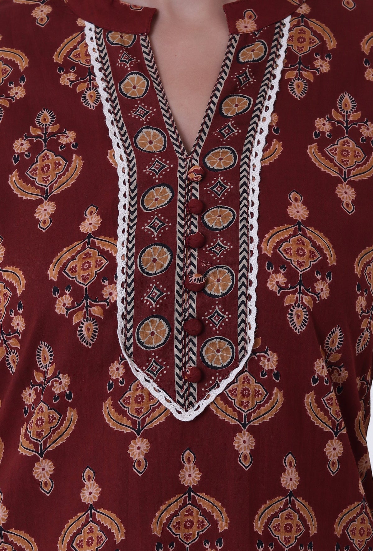Red & Multicolor Cotton Block Printed Kurta サイズ S