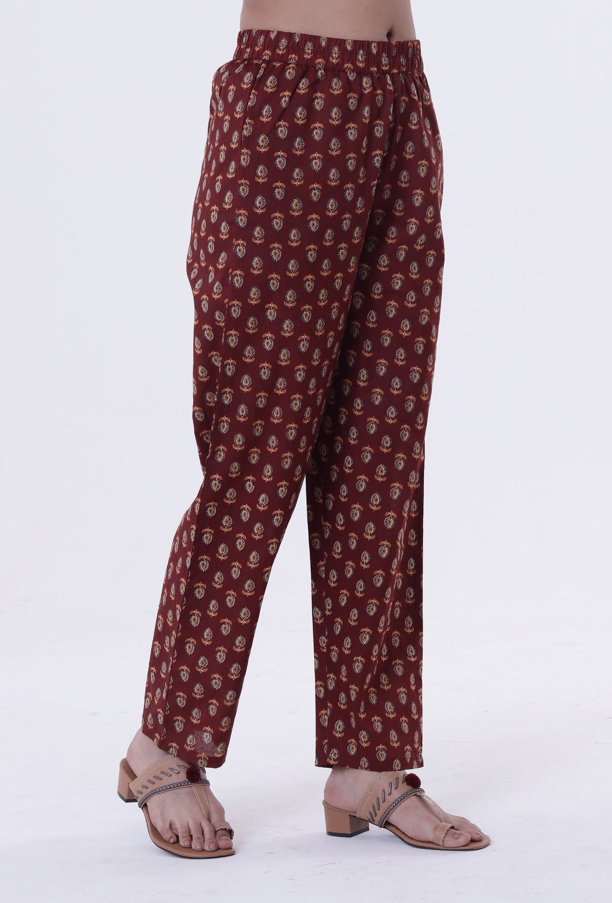 Red & Multicolor Cotton Block Printed Pant サイズ XS