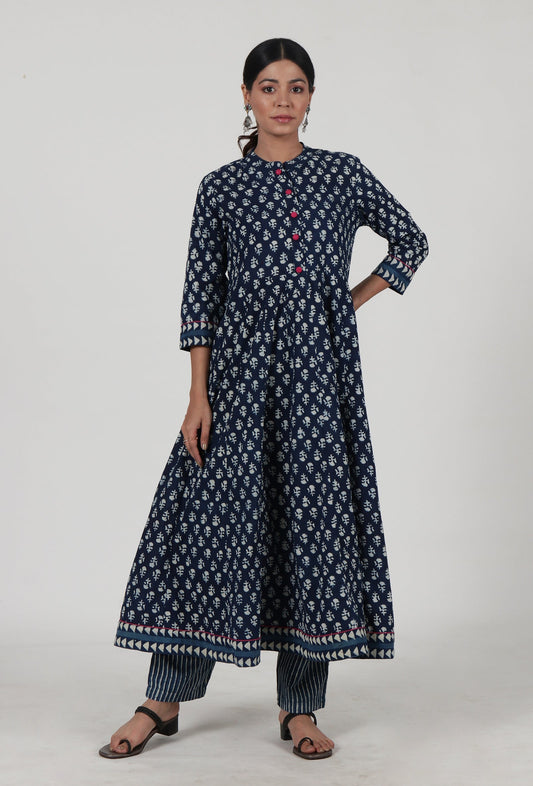 Indigo Printed Blue Cotton Anarkali (Design 2) サイズ XS