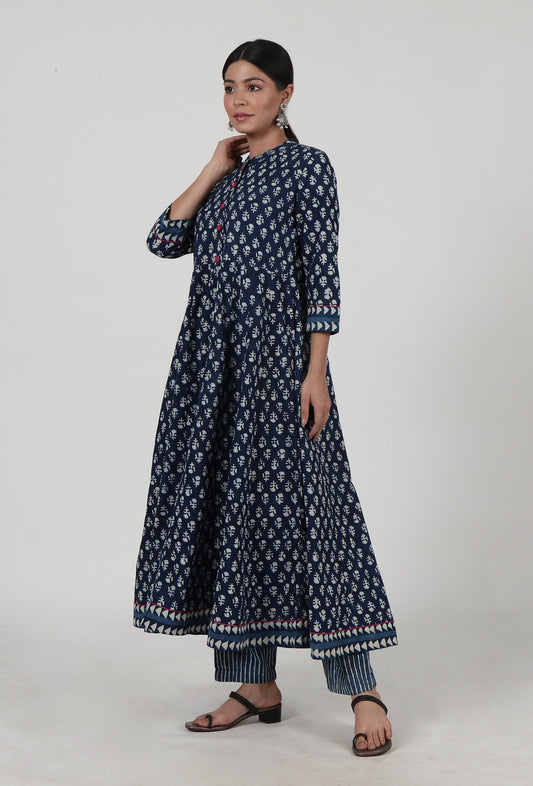 Indigo Printed Blue Cotton Anarkali (Design 2) サイズ XS