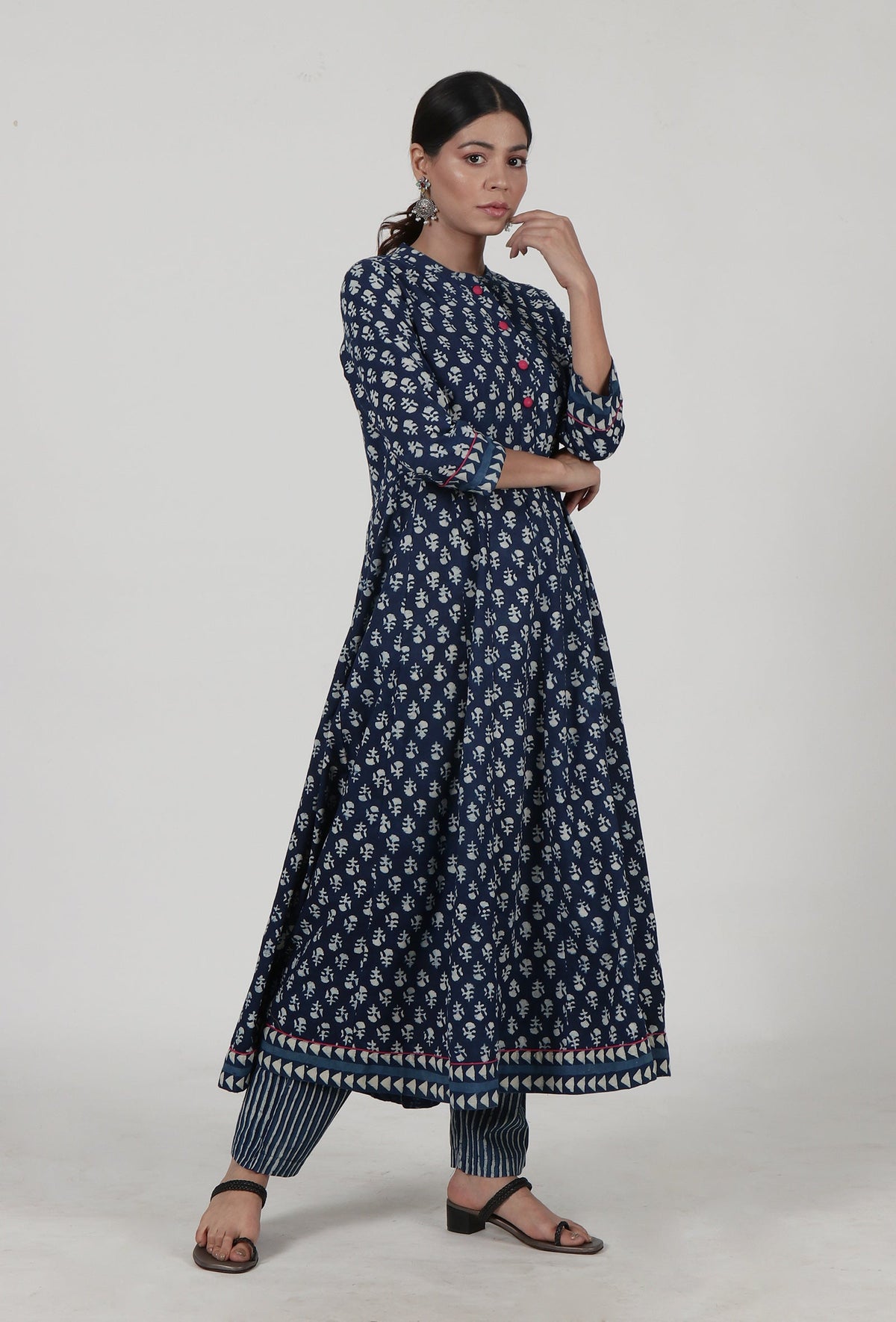 Indigo Printed Blue Cotton Anarkali (Design 2) サイズ XS